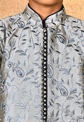 Embroidered Dupion Silk Sherwani Set in Grey