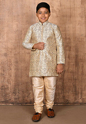 Embroidered Dupion Silk Sherwani Set in Light Beige