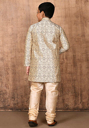 Embroidered Dupion Silk Sherwani Set in Light Beige