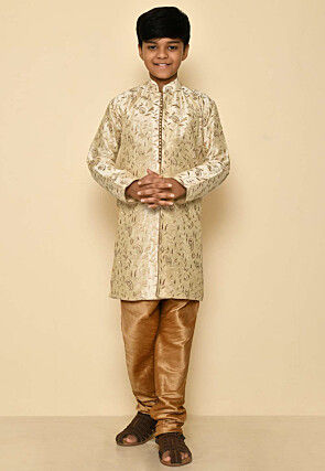 Embroidered Dupion Silk Sherwani Set in Light Beige