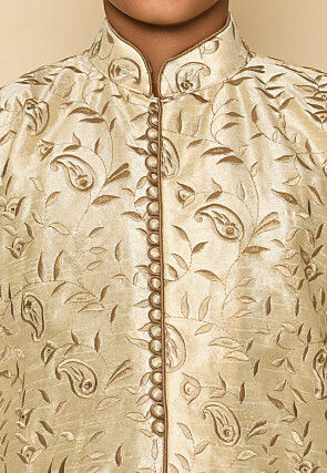 Embroidered Dupion Silk Sherwani Set in Light Beige
