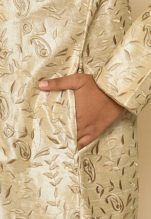 Embroidered Dupion Silk Sherwani Set in Light Beige