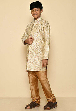 Embroidered Dupion Silk Sherwani Set in Light Beige