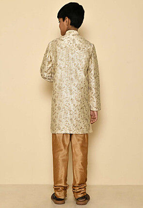 Embroidered Dupion Silk Sherwani Set in Light Beige