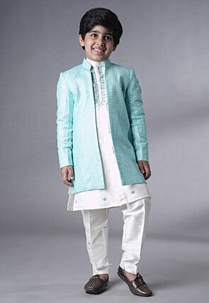 Embroidered Dupion Silk Sherwani Set in Off White