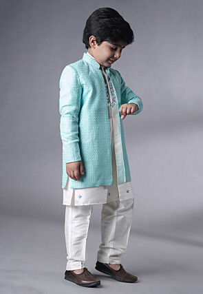 Embroidered Dupion Silk Sherwani Set in Off White