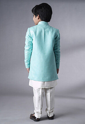 Embroidered Dupion Silk Sherwani Set in Off White
