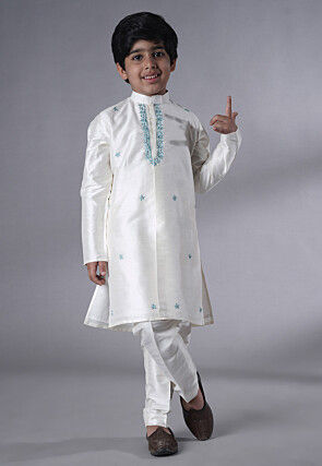 Embroidered Dupion Silk Sherwani Set in Off White