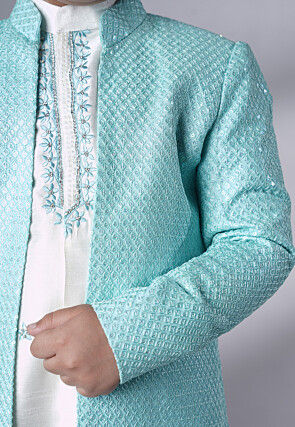Embroidered Dupion Silk Sherwani Set in Off White