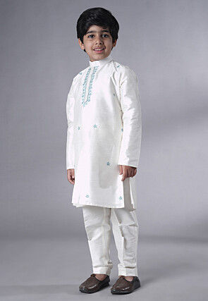 Embroidered Dupion Silk Sherwani Set in Off White