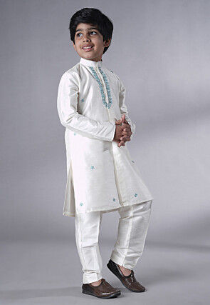 Embroidered Dupion Silk Sherwani Set in Off White