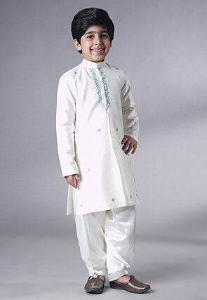 Embroidered Dupion Silk Sherwani Set in Off White