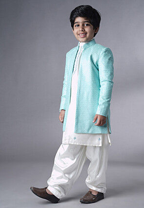 Embroidered Dupion Silk Sherwani Set in Off White