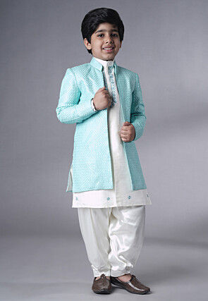 Embroidered Dupion Silk Sherwani Set in Off White