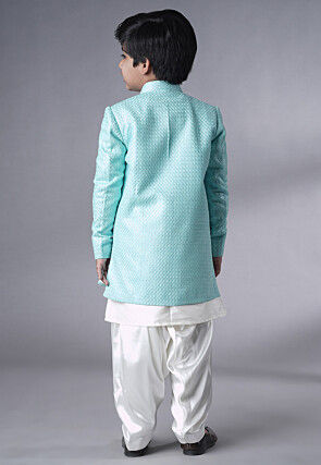 Embroidered Dupion Silk Sherwani Set in Off White