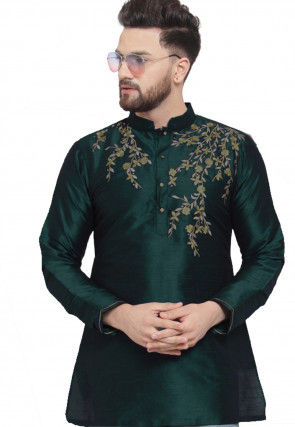 Embroidered Dupion Silk Short Kurta in Dark Green