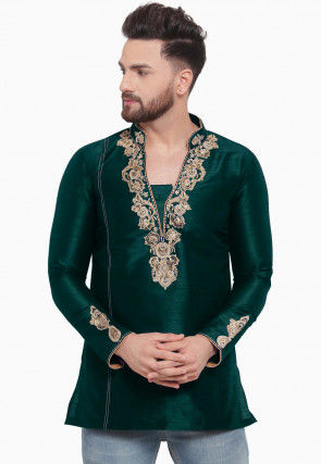 Embroidered Dupion Silk Short Kurta in Dark Teal Green