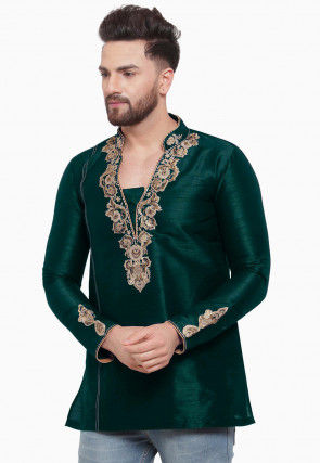 Embroidered Dupion Silk Short Kurta in Dark Teal Green