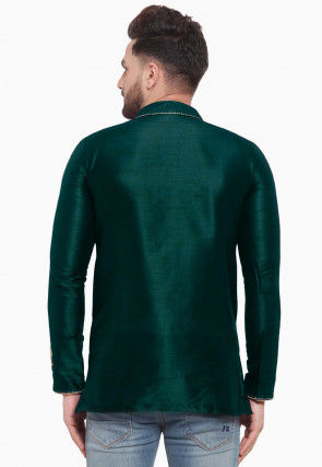 Embroidered Dupion Silk Short Kurta in Dark Teal Green