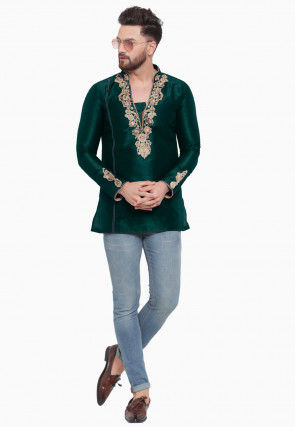 Embroidered Dupion Silk Short Kurta in Dark Teal Green