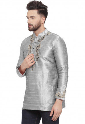 Embroidered Dupion Silk Short Kurta in Grey
