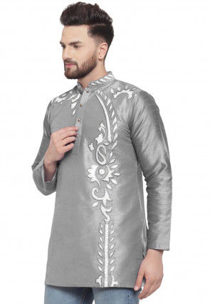 Embroidered Dupion Silk Short Kurta in Grey