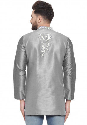 Embroidered Dupion Silk Short Kurta in Grey