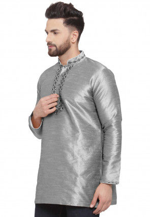 Embroidered Dupion Silk Short Kurta in Grey