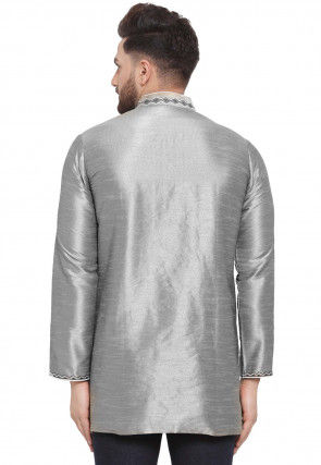 Embroidered Dupion Silk Short Kurta in Grey