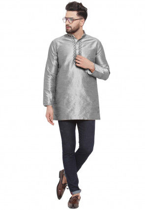 Embroidered Dupion Silk Short Kurta in Grey