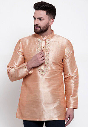 Embroidered Dupion Silk Short Kurta in Light Beige
