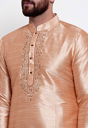 Embroidered Dupion Silk Short Kurta in Light Beige