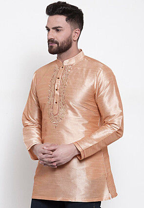 Embroidered Dupion Silk Short Kurta in Light Beige
