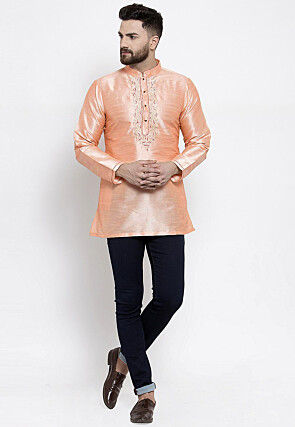 Embroidered Dupion Silk Short Kurta in Light Beige