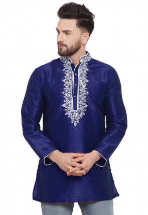 Embroidered Dupion Silk Short Kurta in Navy Blue
