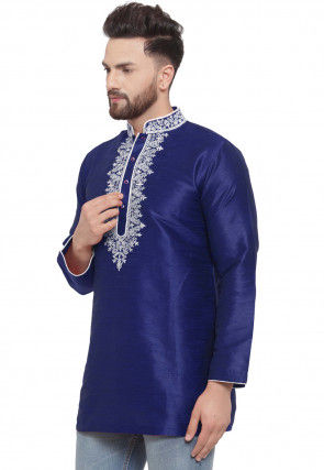 Embroidered Dupion Silk Short Kurta in Navy Blue