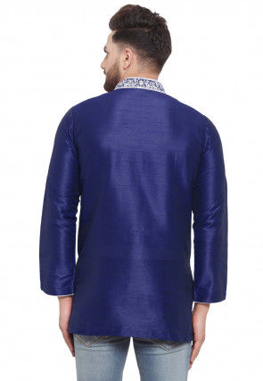 Embroidered Dupion Silk Short Kurta in Navy Blue
