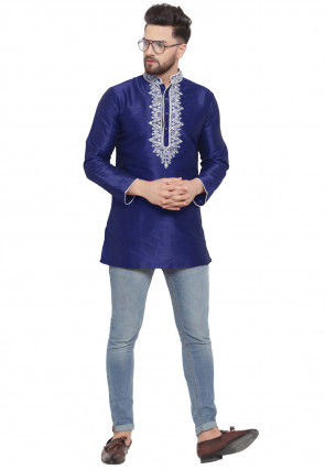 Embroidered Dupion Silk Short Kurta in Navy Blue