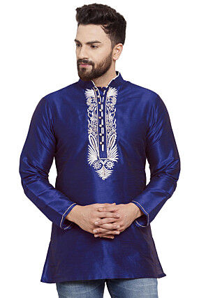 Embroidered Dupion Silk Short Kurta in Royal Blue