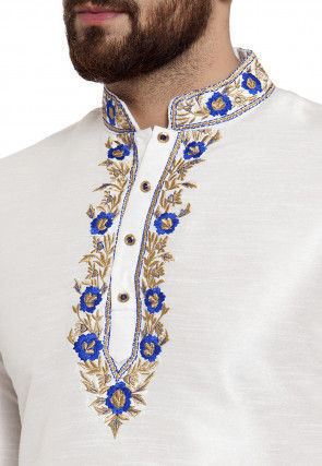 Embroidered Dupion Silk Short Kurta in White