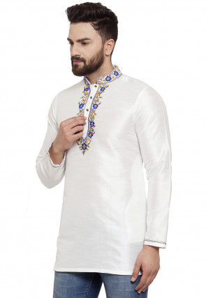 Embroidered Dupion Silk Short Kurta in White