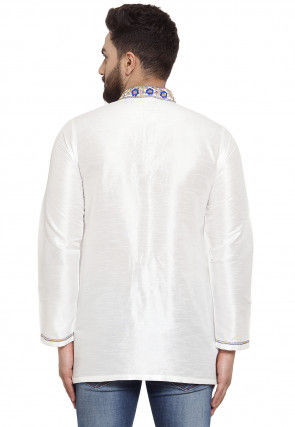 Embroidered Dupion Silk Short Kurta in White