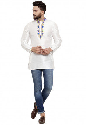 Embroidered Dupion Silk Short Kurta in White