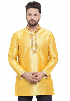 Embroidered Dupion Silk Short Kurta in Yellow