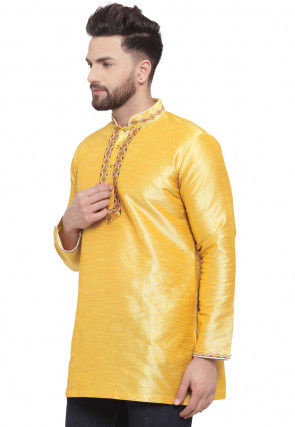 Embroidered Dupion Silk Short Kurta in Yellow