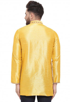 Embroidered Dupion Silk Short Kurta in Yellow