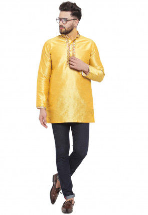 Embroidered Dupion Silk Short Kurta in Yellow