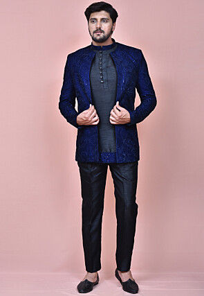 Embroidered Dupion Silk Short Kurta Jacket Set in Black