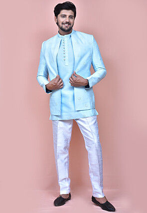 Embroidered Dupion Silk Short Kurta Jacket Set in Sky Blue