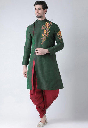 Embroidered Dupion Silk Side Slit Dhoti Kurta in Dark Green